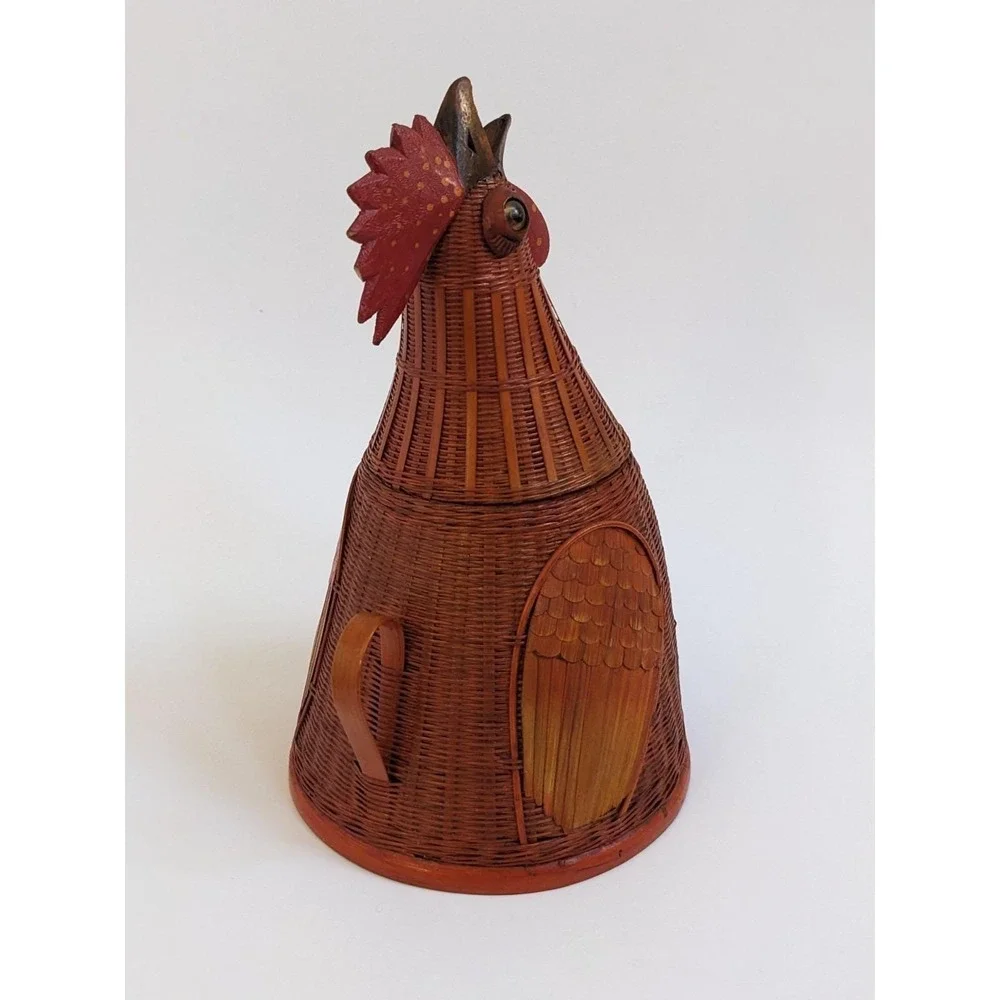 Vintage Shanghai Handicrafts Woven Wicker Rooster Lidded‎ Basket Hen Figural 9